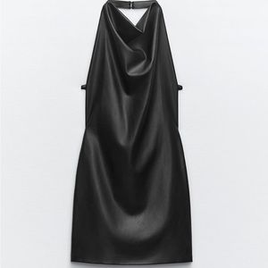 Zara Black Faux Leather Halter Dress - Size M